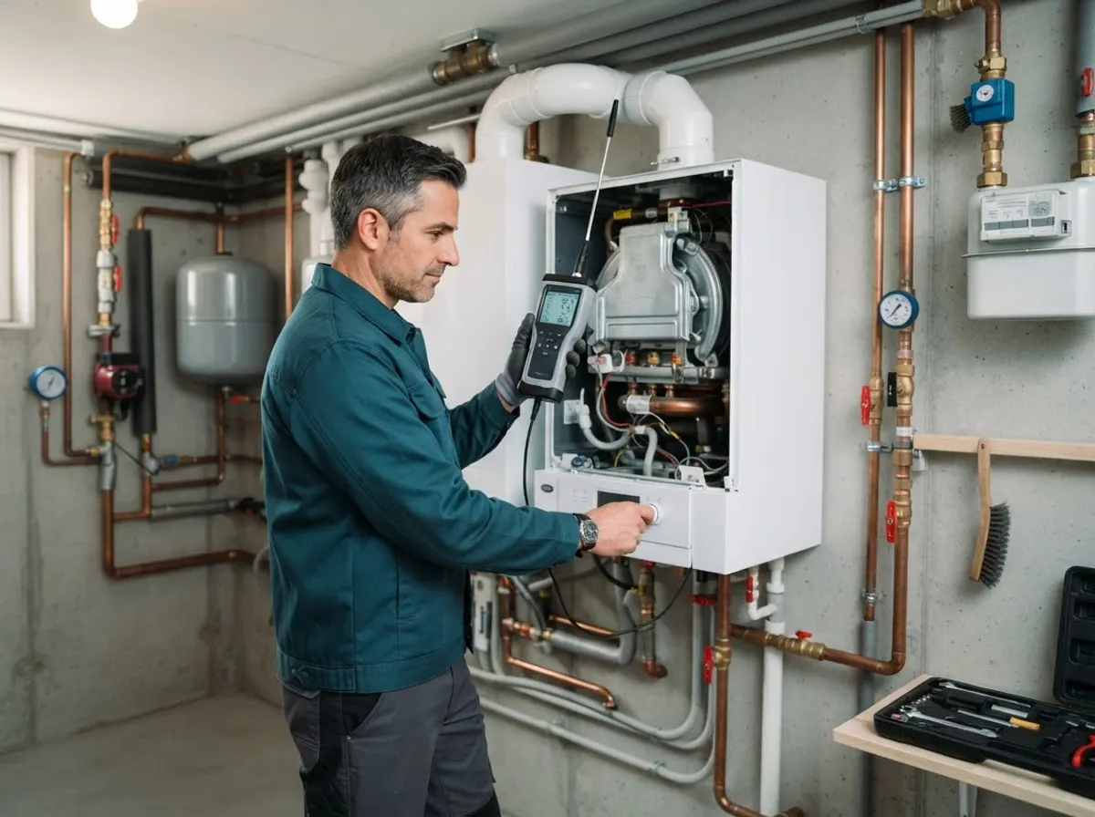 Heizungstechniker von Hansewerk Solution prüft eine wandhängende Gastherme